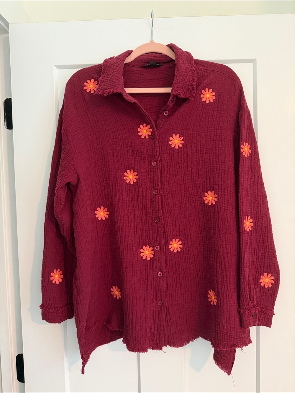 Embroidered Maroon Button-Down Gauze Shirt
